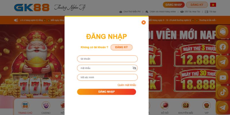 Điền thông tin đăng nhập GK88